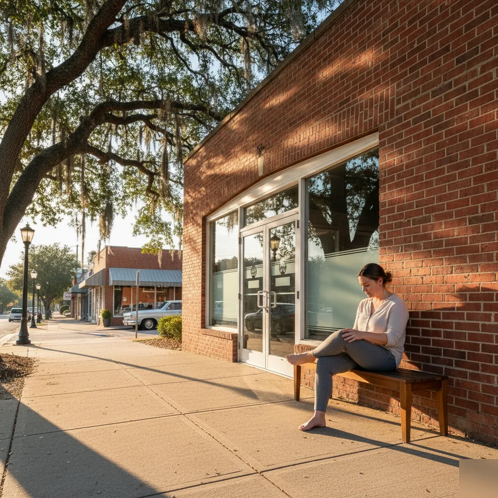 Woman holding her bare heel while sitting outside Douglas Family & Animal Chiropractic in Rome, GA
