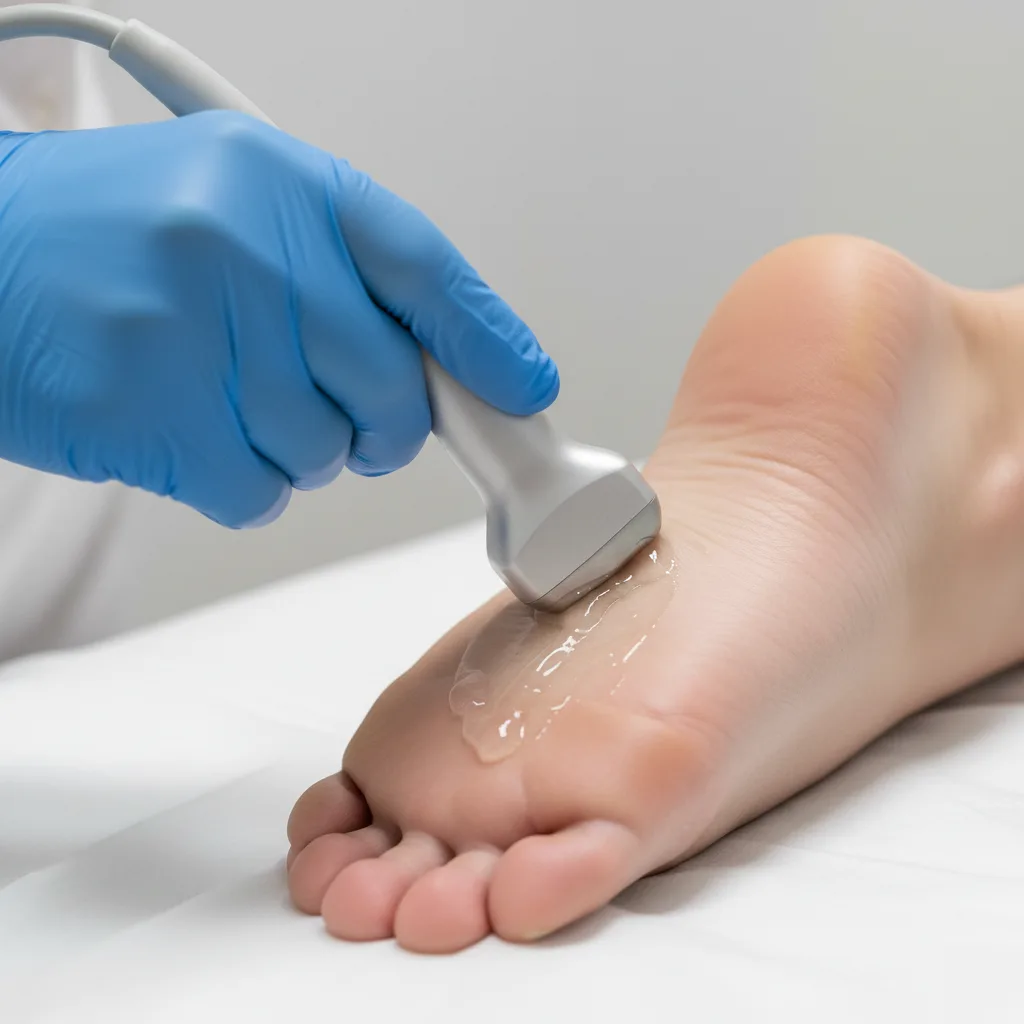 Close-up of shockwave therapy wand treating a heel spur at our Rome, GA chiropractic office