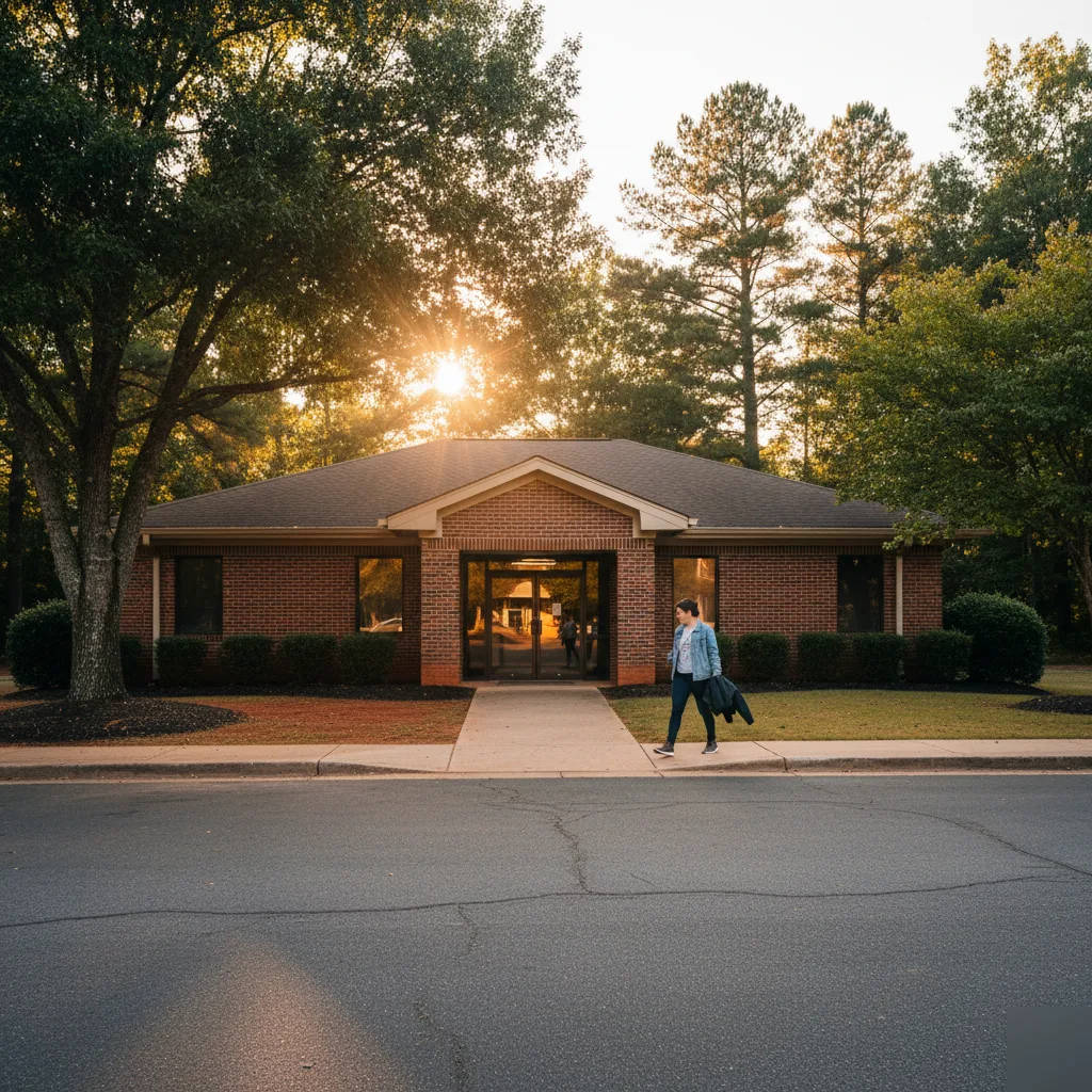 Patient walking toward the entrance of a red brick clinic at golden hour in Rome, Georgia