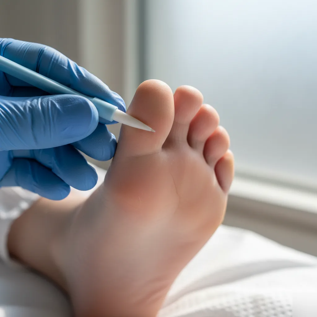Clinician in blue gloves applying a monofilament probe to a patient's toe to test nerve sensation during a neuropathy assessment in Rome, GA