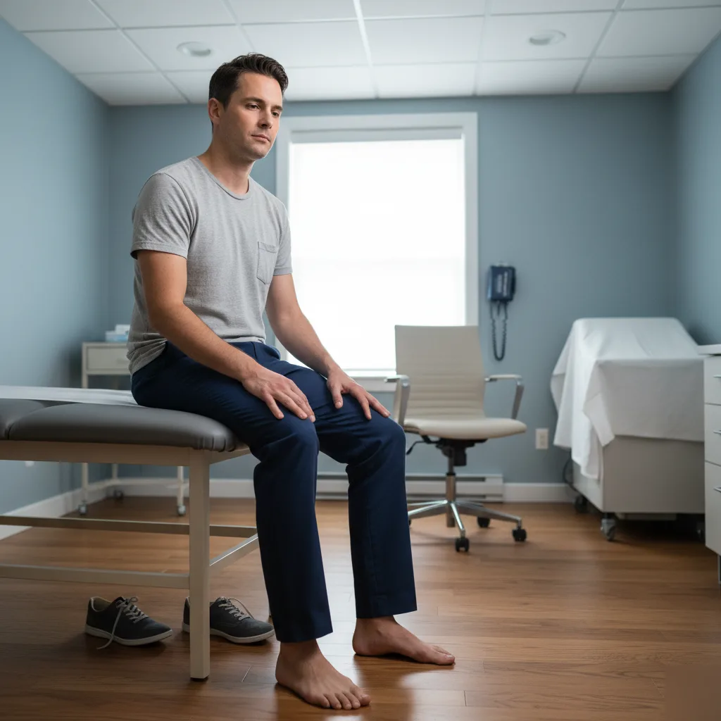 Male neuropathy patient seated calmly on a treatment table in a blue-toned clinical room in Rome, GA