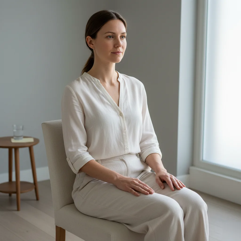 Woman sitting calmly upright in a chair with relaxed shoulders and an open posture after a stress relief therapy session in Rome, GA