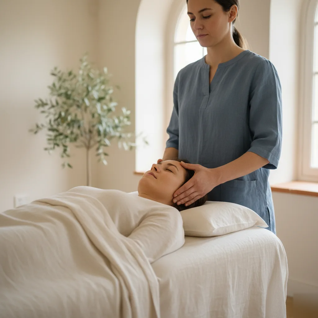 Therapist applying gentle temple and cranial pressure to a relaxed client lying on a white-draped table during a stress relief therapy session in Rome, GA