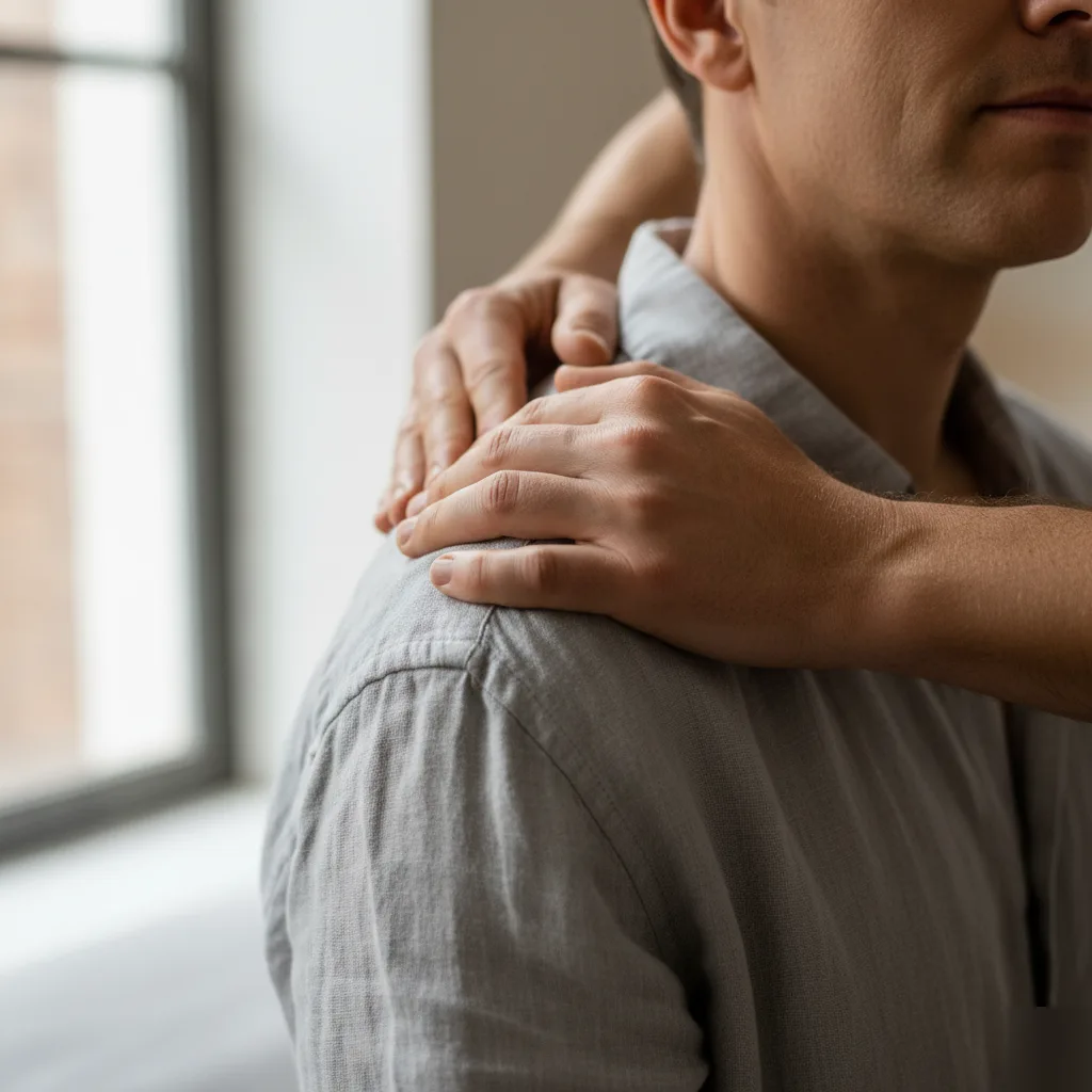 Close-up of a hand pressing on a man's tense trapezius muscle at the base of the neck — stress-related muscle tension in Rome, GA