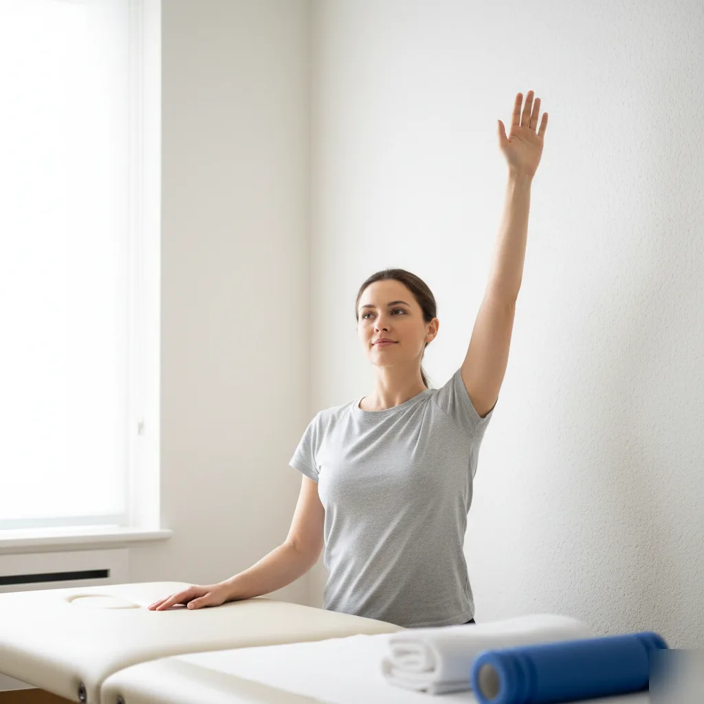 Female patient demonstrating full overhead arm raise after frozen shoulder treatment in a clinical room in Rome, GA