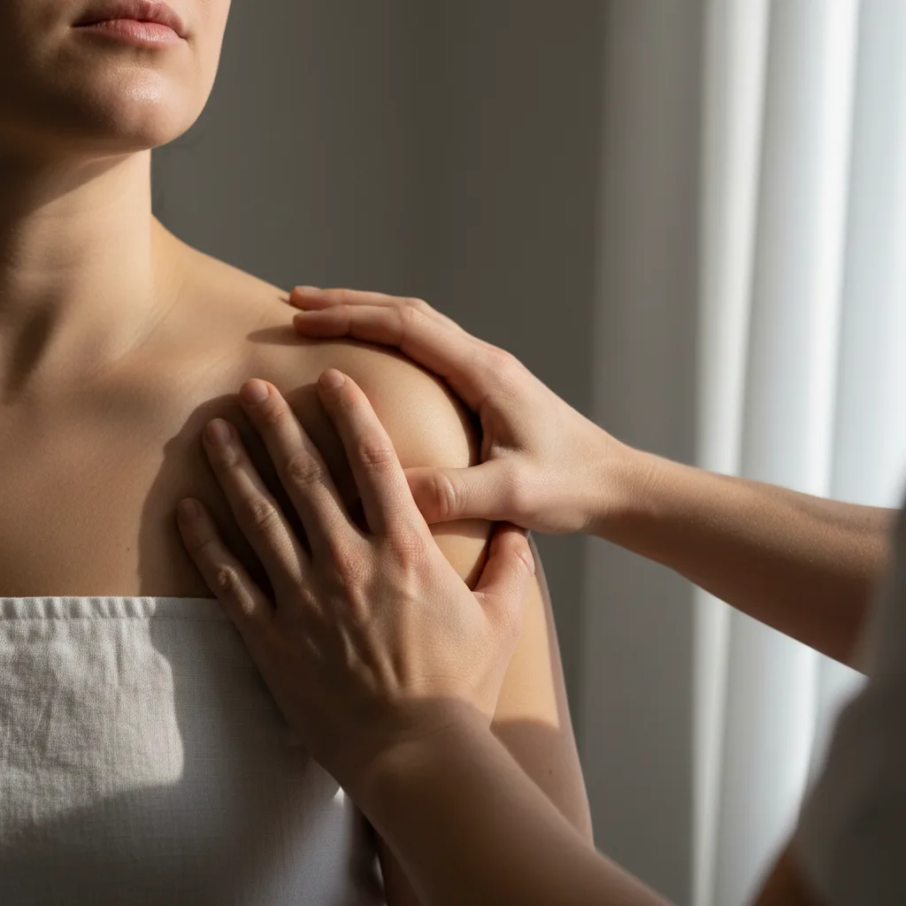 Clinician applying bilateral manual therapy to a patient's shoulder capsule during a frozen shoulder treatment session in Rome, GA