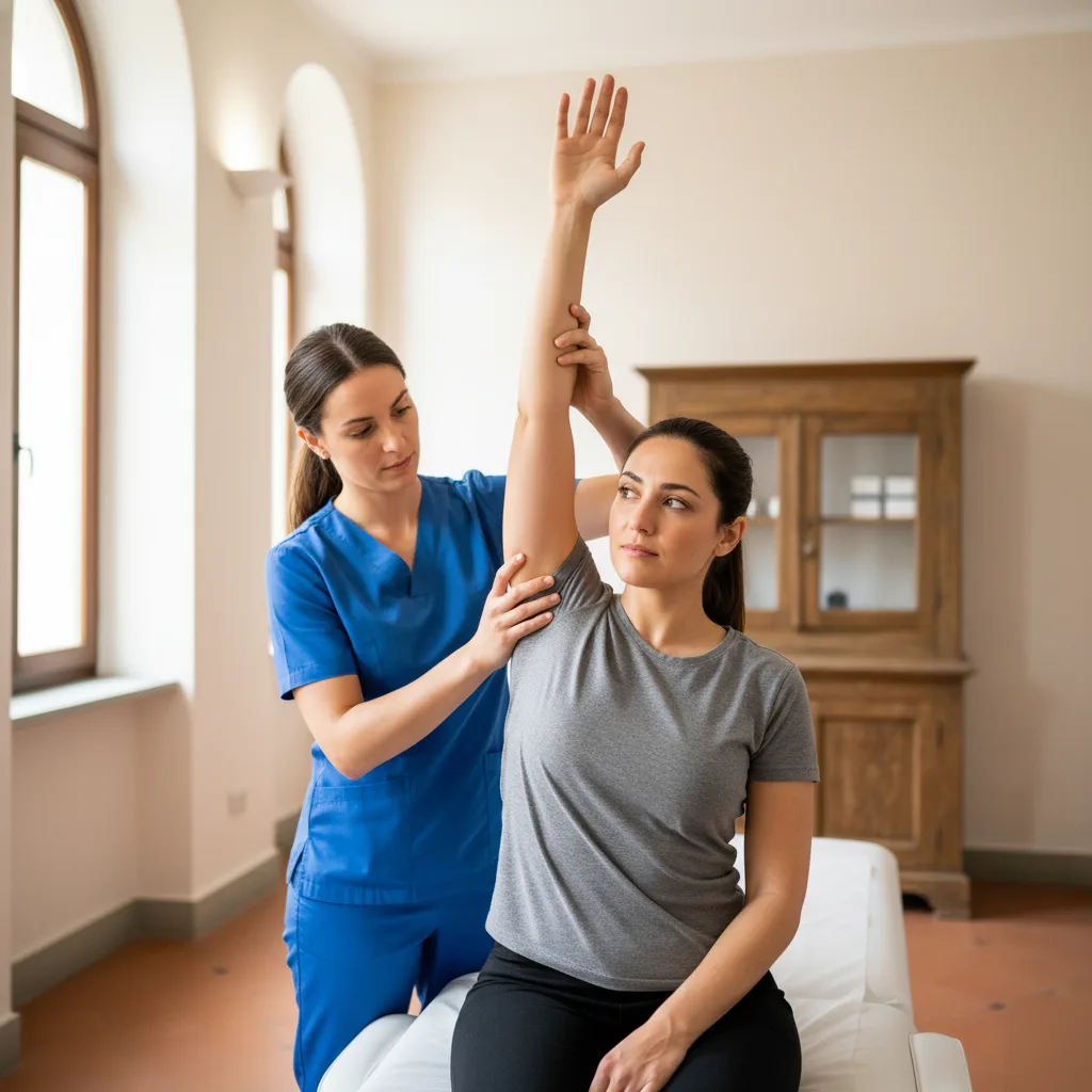 Clinician in blue scrubs guiding a patient's arm in an overhead stretch during a frozen shoulder treatment session in Rome, GA