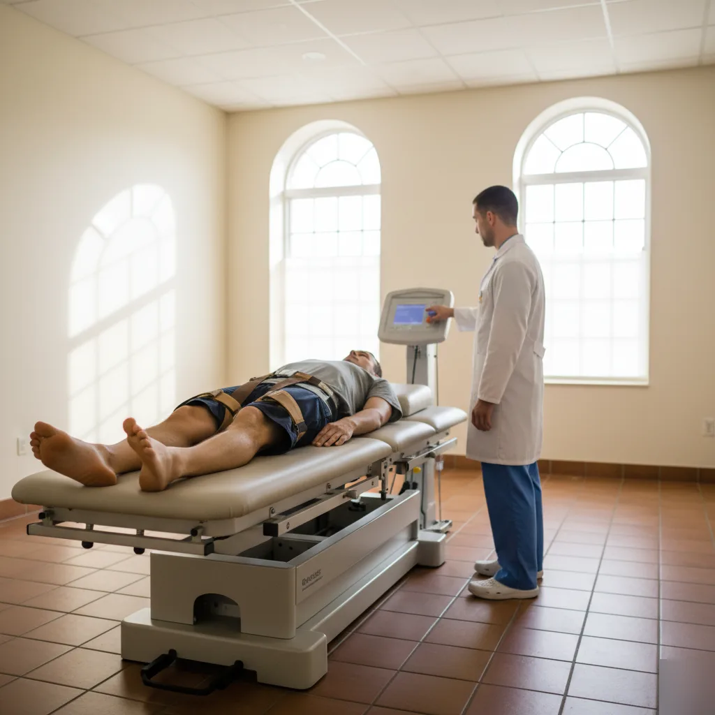 Male patient lying on a motorized spinal traction table while a clinician in a white coat adjusts the control panel during a session in Rome, GA