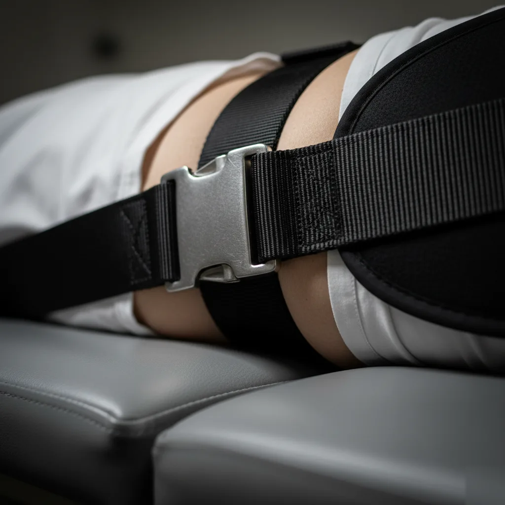 Close-up of a pelvic harness with metal buckle secured around a patient's hips on a spinal traction table in Rome, GA