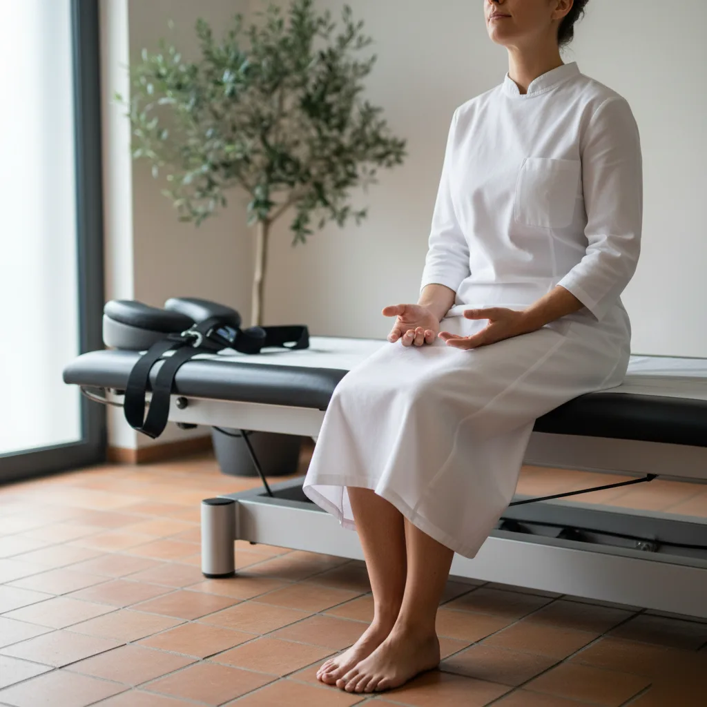 Female patient in white sitting calmly at the edge of a spinal traction table with harness visible after a session in Rome, GA