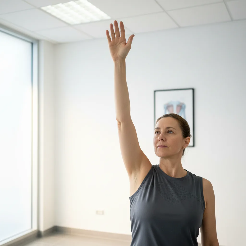 Female patient in a clinical setting demonstrating full overhead arm elevation after rotator cuff treatment in Rome, GA