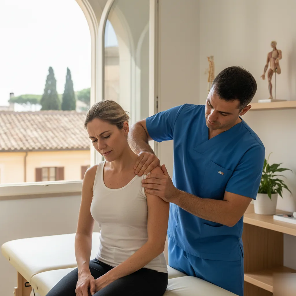 Clinician in blue scrubs applying bilateral manual therapy to a seated female patient's shoulder during rotator cuff treatment in Rome, GA