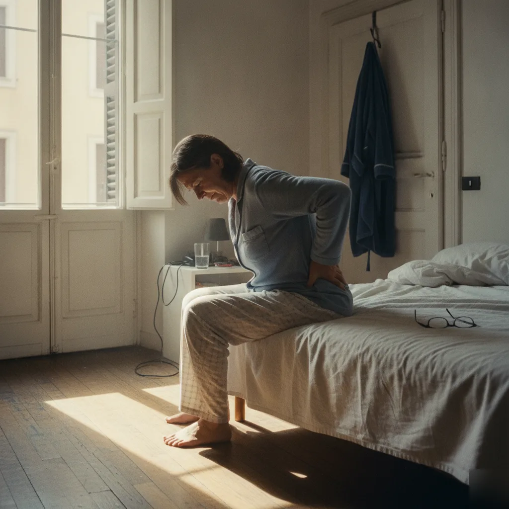 Person sitting on the edge of their bed in morning light holding their lower back in discomfort in Rome, GA