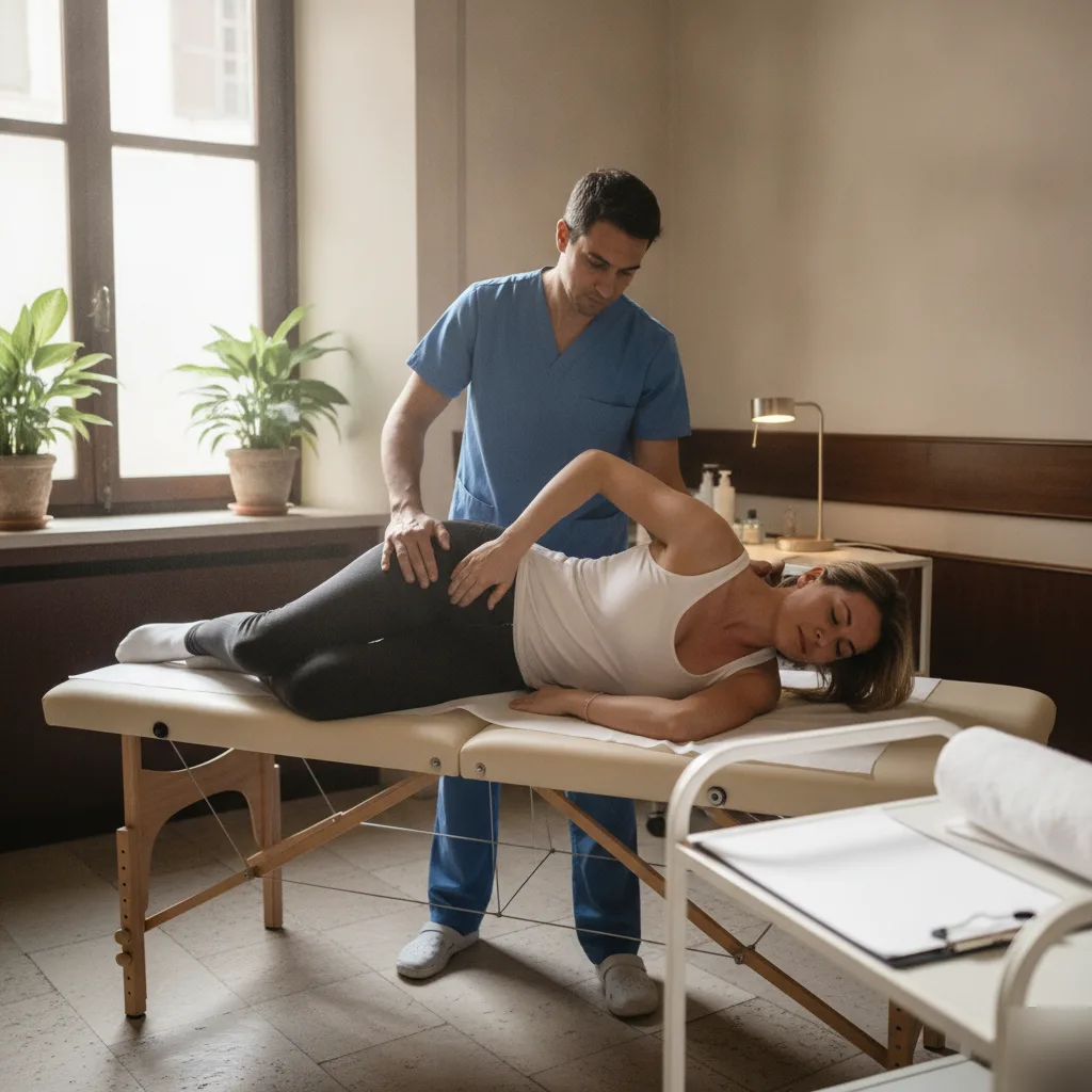 Chiropractor in blue scrubs applying side-lying lumbar treatment to a female patient on a treatment table in a warm Rome, GA clinic room