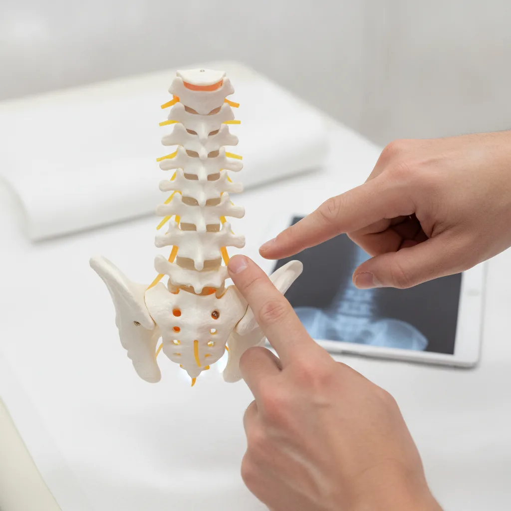Clinician's hands pointing to lumbar nerve compression area on a spine anatomical model with an X-ray tablet visible in a Rome, GA clinical setting