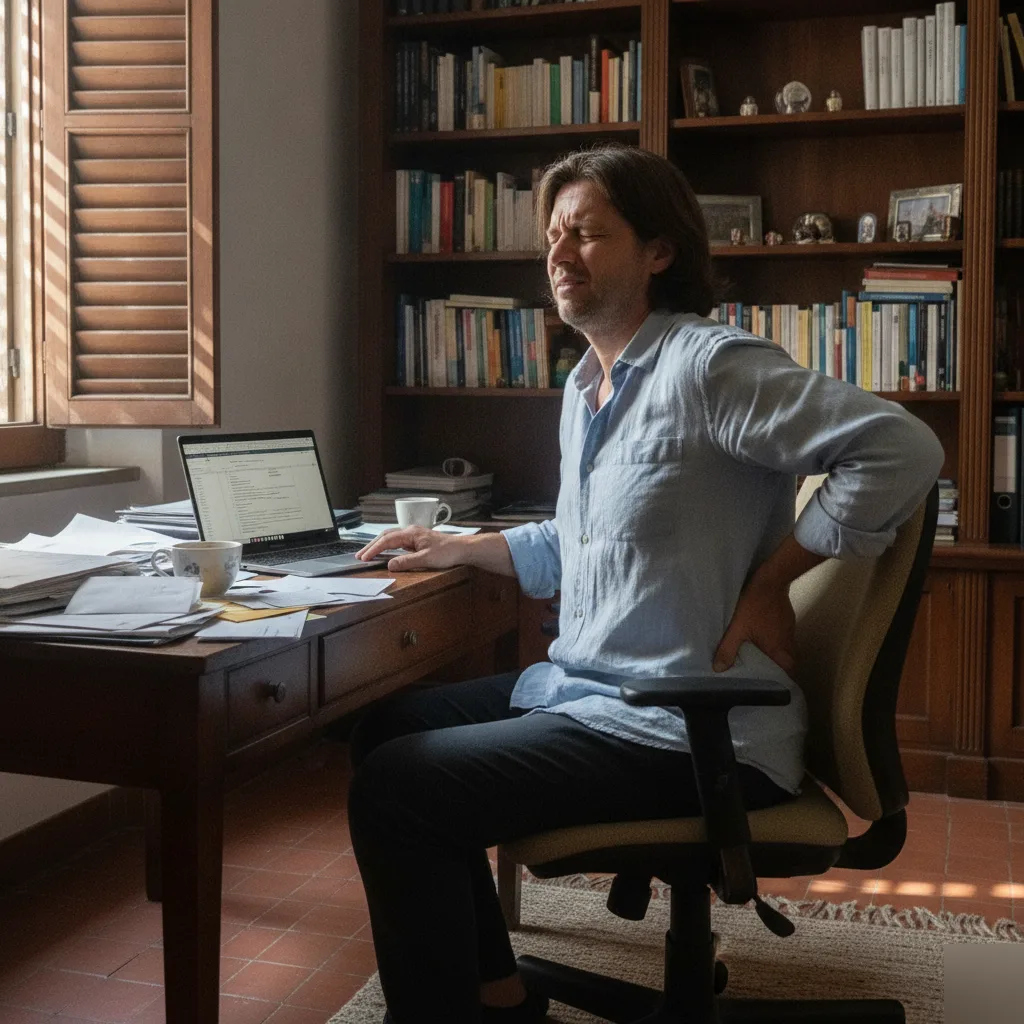 Man sitting at a home desk holding his lower back in pain while working at a laptop in Rome, GA
