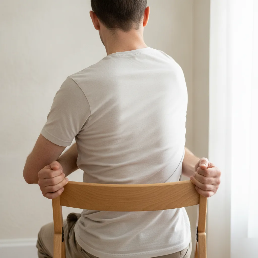 Man sitting backward on a wooden chair performing a seated spinal twist stretch for a stiff back in Rome, GA