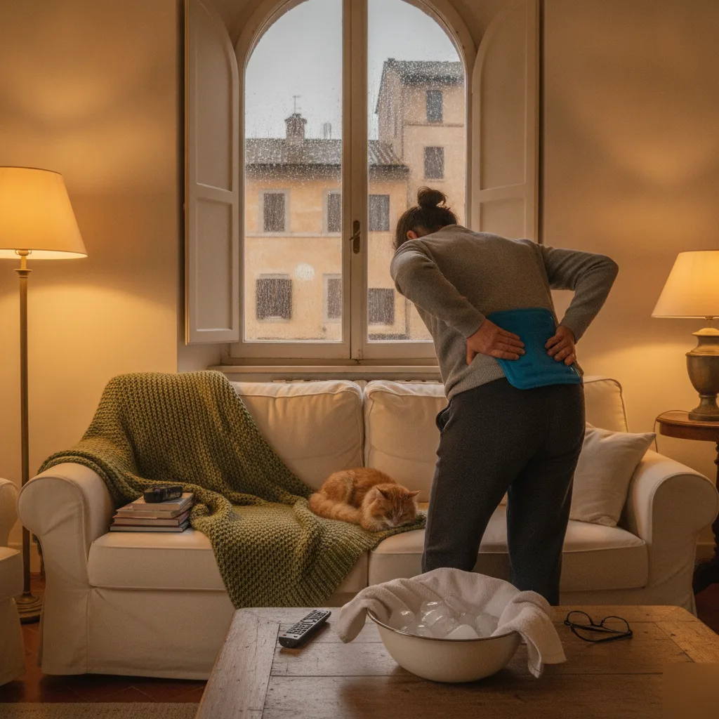 Person standing in a warm living room holding a heat or ice pack against their lower back on a rainy day in Rome, GA
