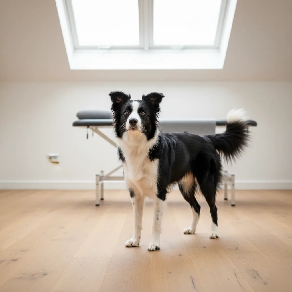 Black and white Border Collie standing with balanced posture in a bright clinical room with a treatment table visible in the background in Rome, GA