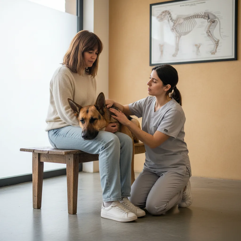 Female owner holding a German Shepherd while a clinician in grey scrubs performs a chiropractic evaluation in a room with a canine anatomy poster in Rome, GA