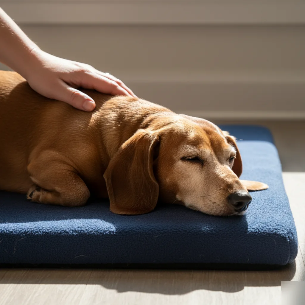 A hand gently placed on the back of a relaxed Dachshund lying on a navy blue mat during a sacral chiropractic adjustment session in Rome, GA