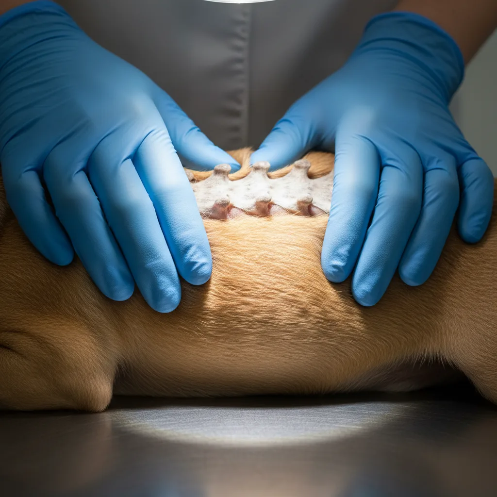 Close-up of blue-gloved hands pressing on the vertebral column of a golden-coated dog's back during a post-recovery IVDD spinal assessment in Rome, GA