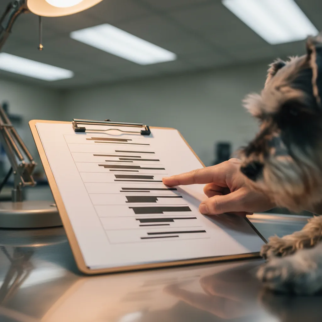 Clinician's finger pointing to a grading scale chart on a clipboard at an exam table while a small dog is visible in the background in a Rome, GA clinic