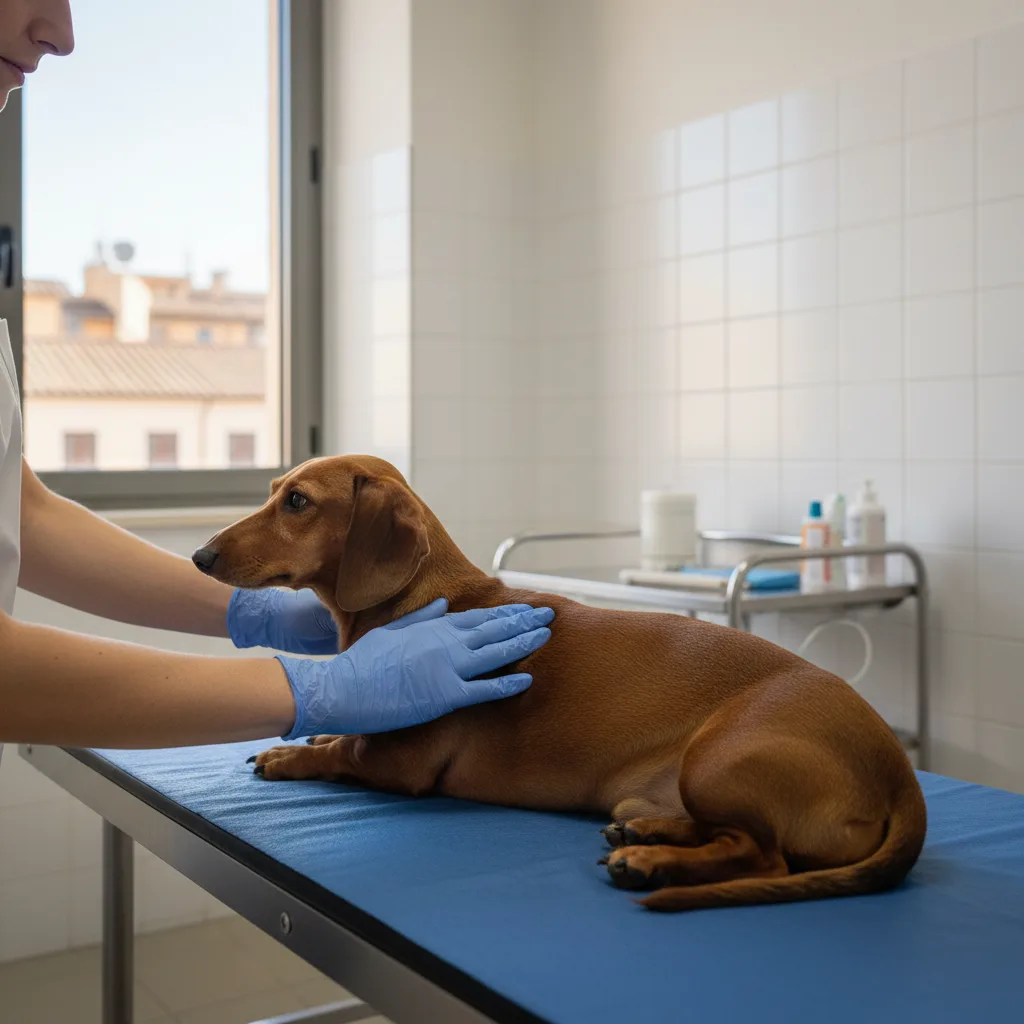 Clinician in blue gloves performing spinal palpation on a Dachshund lying on a blue exam table near a window in a Rome, GA veterinary clinic