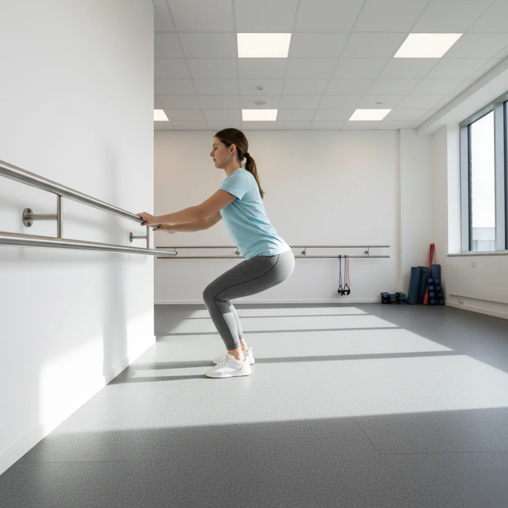 Woman in a light blue shirt holding a parallel bar while performing a supported squat during a rehabilitation exercise session in a bright Rome, GA clinic