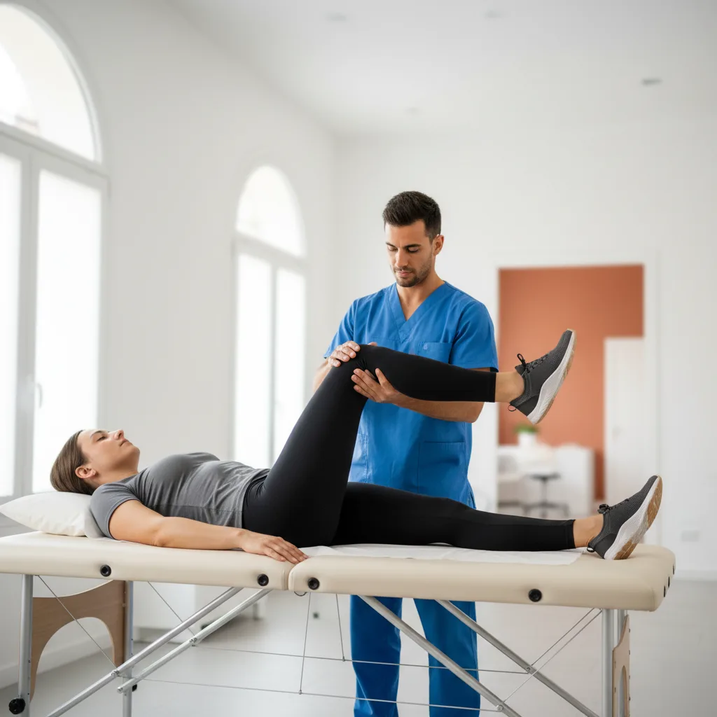 Clinician in blue scrubs guiding a patient's bent knee and leg on a treatment table during leg resistance therapy in a Rome, GA clinic