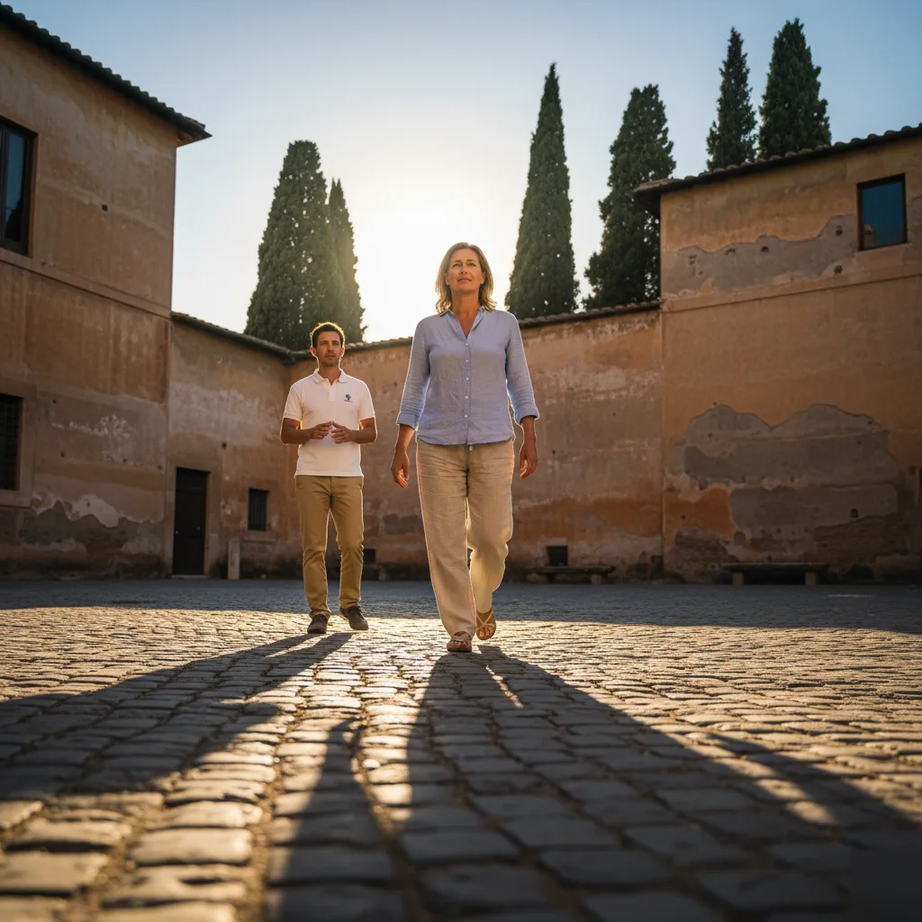 Woman walking across a sunlit cobblestone courtyard while a clinician in a white polo observes her gait during a rehabilitation exercise program for Rome, GA patients