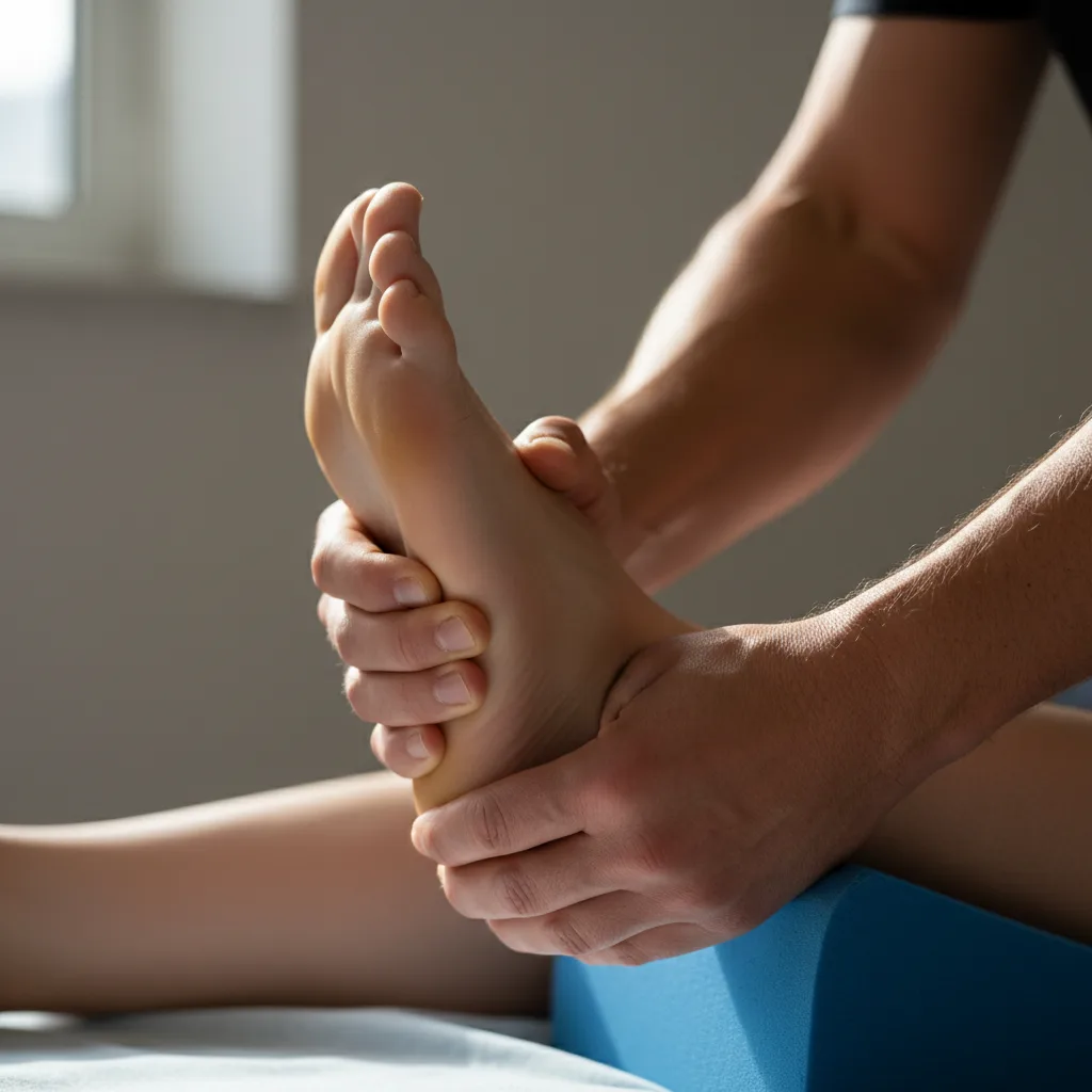 Clinician's hands flexing a patient's foot upward during an ankle dorsiflexion stretch and hands-on movement assessment in a Rome, GA clinic