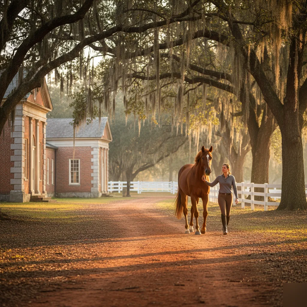Woman leading a chestnut horse down a red dirt farm path under oak trees beside a white fence, walking the horse for gait observation before an equine chiropractic farm visit near Rome, GA
