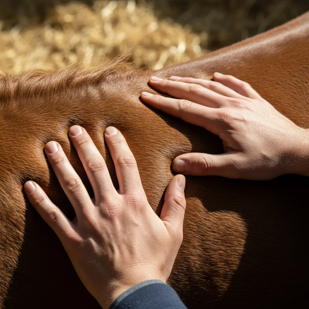 Close-up of two hands palpating along the spine and withers of a chestnut performance horse during an equine chiropractic evaluation in Rome, GA