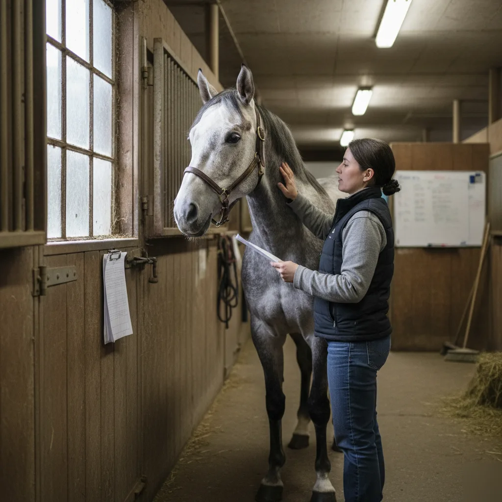 Practitioner holding a care sheet while checking the neck of a dapple gray horse in a barn aisle, with a visit schedule whiteboard behind her, during a maintenance chiropractic visit in Rome, GA