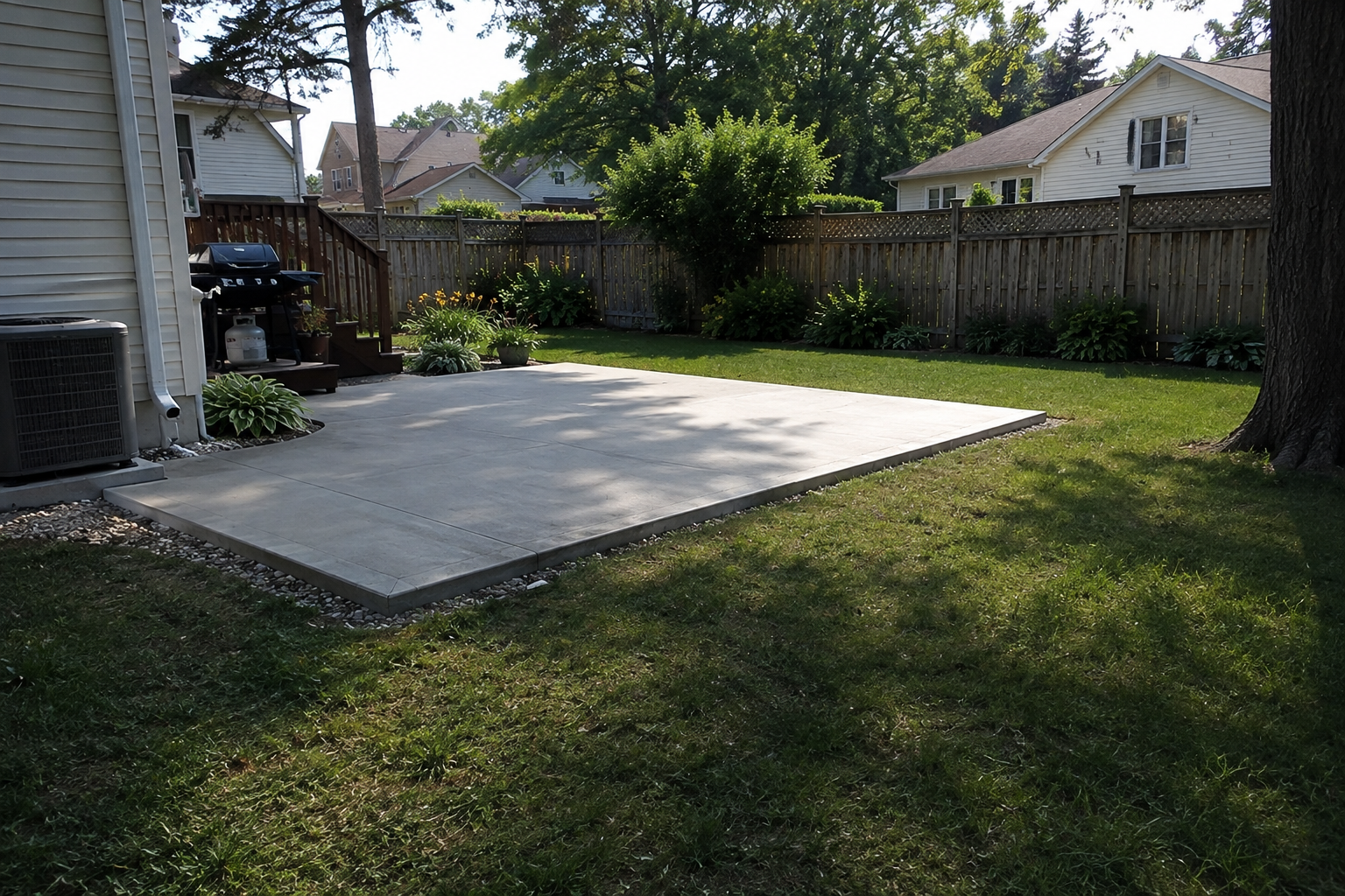 Finished concrete backyard patio in an established Pickering yard