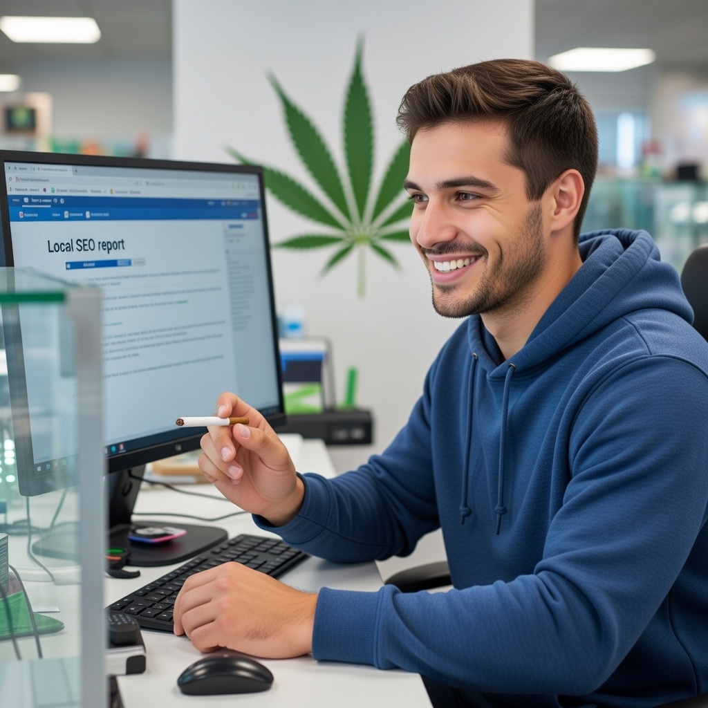 Cannabis dispensary owner reviewing SEO audit report