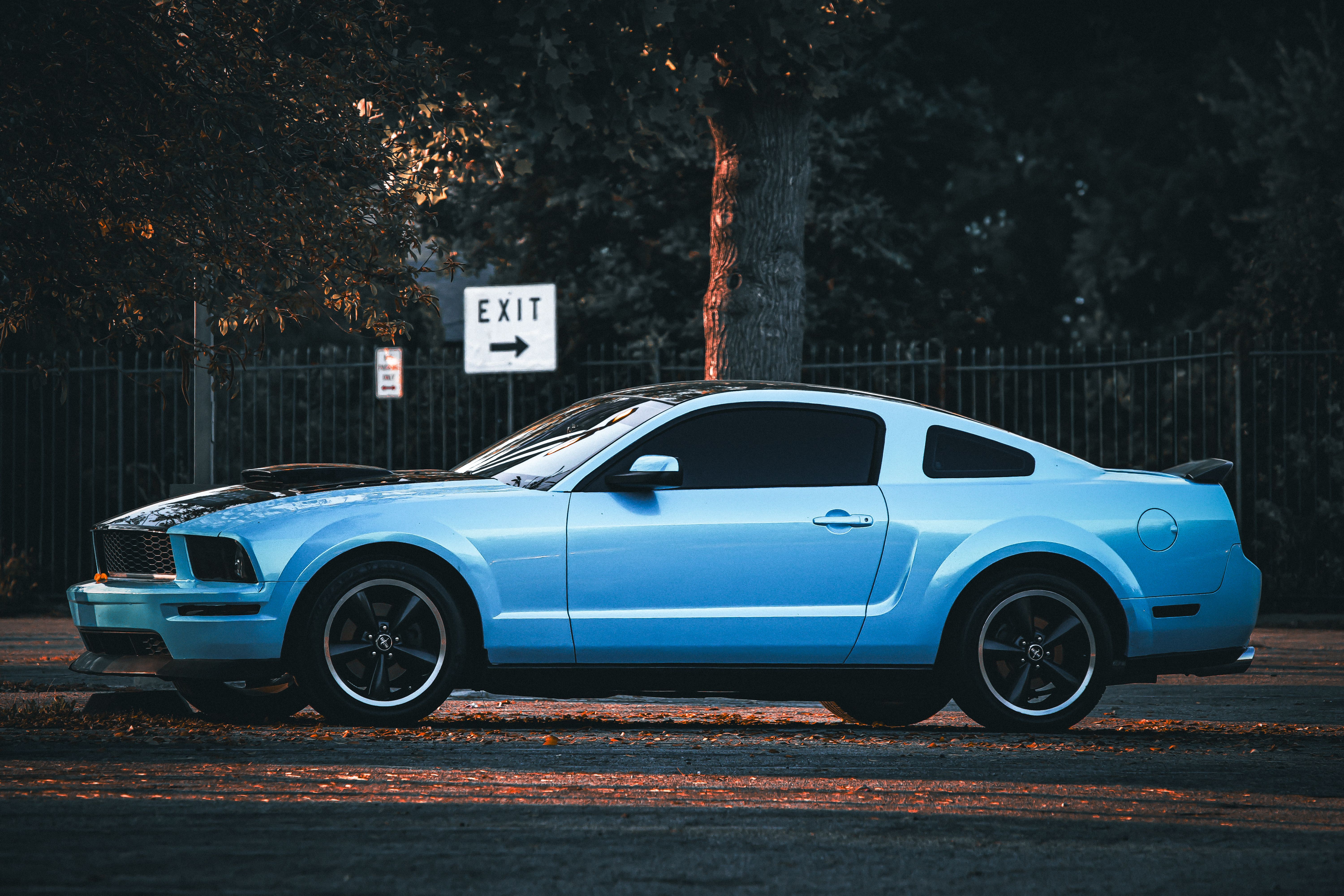 Blue Mustang with freshly tinted windows at dusk