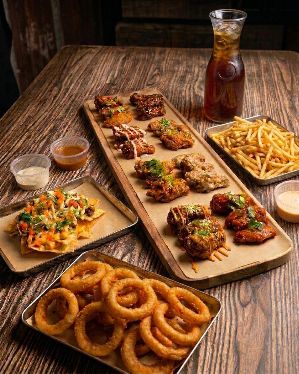 Combo 1 — 40 buffalo wings across 8 flavours with nachos, onion rings, chips and a free jug of iced tea