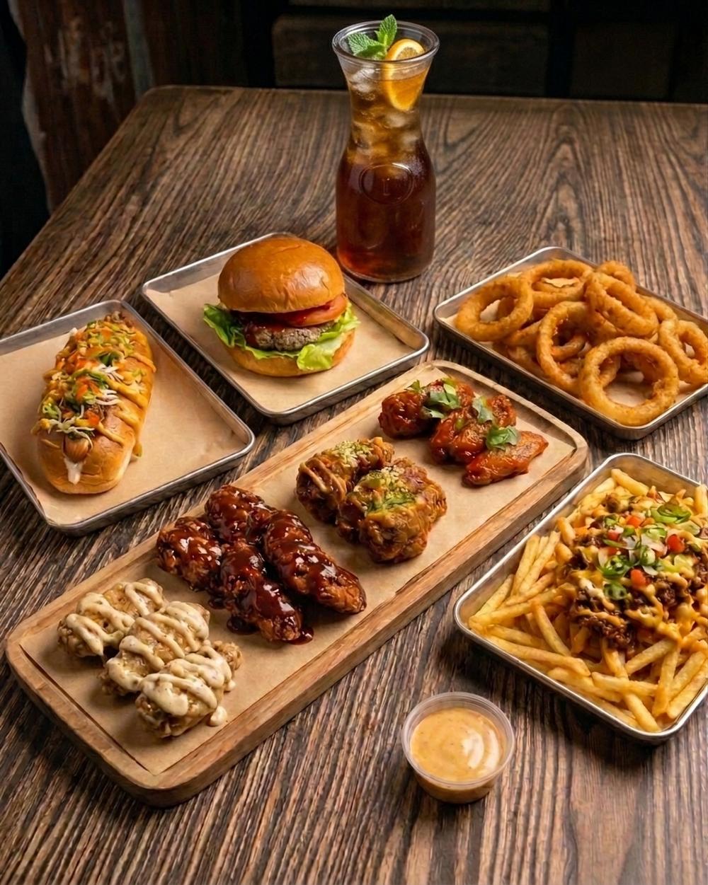 Combo 3 — 20 wings, Texas hotdog, cheese burger, onion rings, loaded fries and a free jug of iced tea