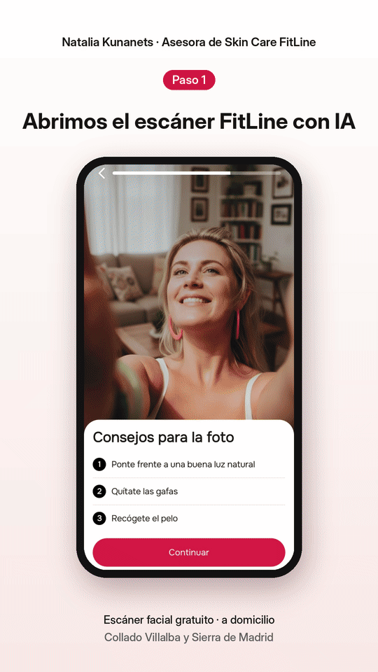 Animación del proceso: preguntas en la app FitLine, consejos para la foto, escaneo facial con IA, informe de piel y contacto de Natalia