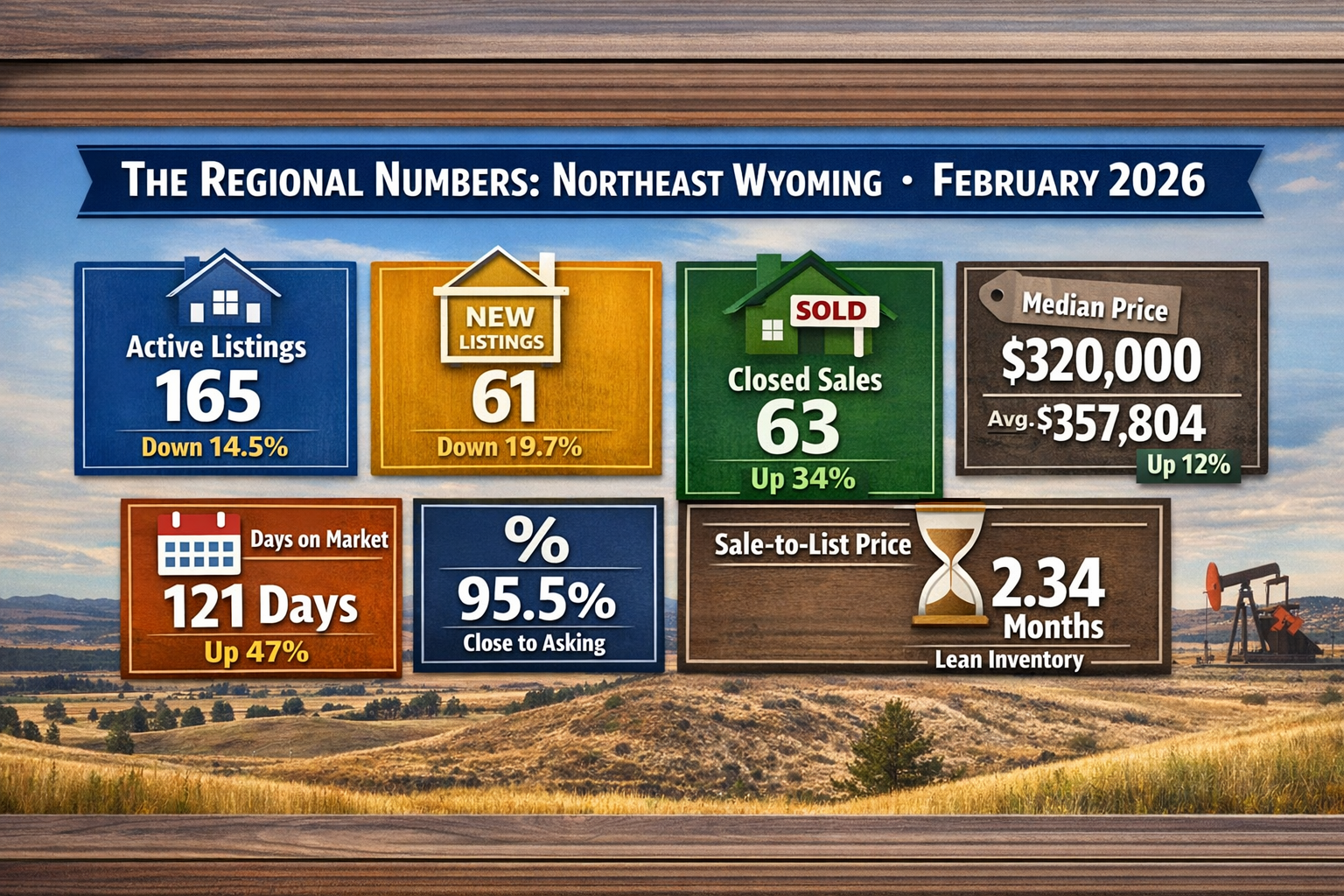 Infographic showing the February 2026 Northeast Wyoming housing market statistics including 165 active listings, 61 new listings, 63 closed sales, median price $320000, average price $357804, 121 days on market, 95.5 percent sale to list ratio, and 2.34 months of housing inventory.