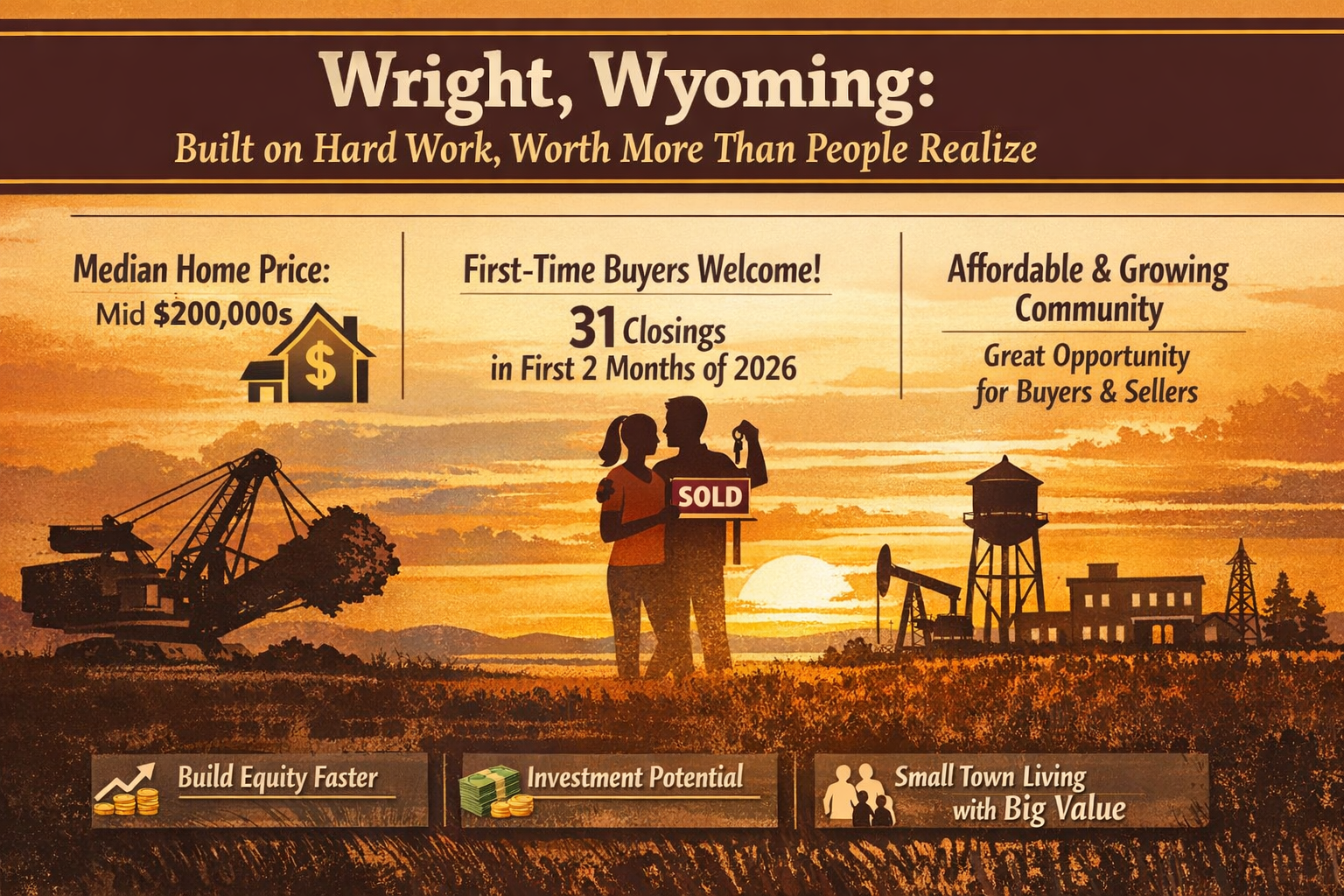 Infographic about Wright Wyoming real estate showing median home prices in the mid $200000s, strong buyer activity in the $200000 to $299999 price range, and 31 home closings in Northeast Wyoming during the first two months of 2026.