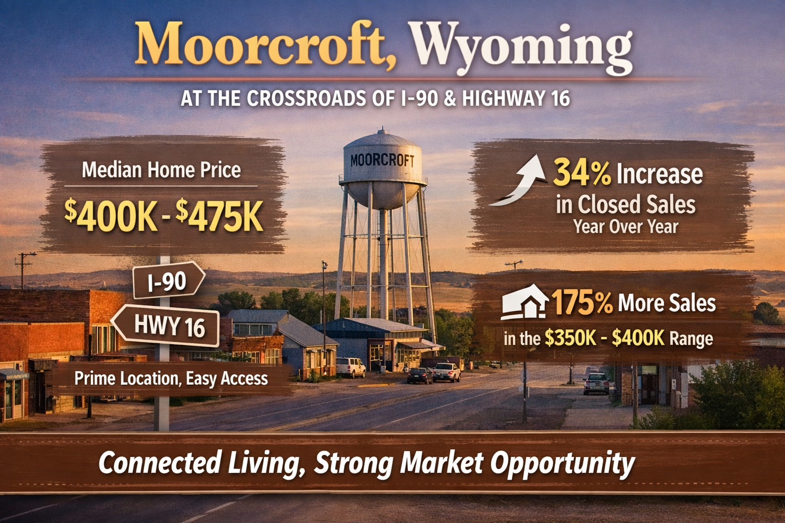Infographic about Moorcroft Wyoming real estate showing median home prices in the $400000 to $475000 range, a 34 percent increase in closed home sales year over year, and a 175 percent increase in homes sold in the $350000 to $400000 price range in Northeast Wyoming.