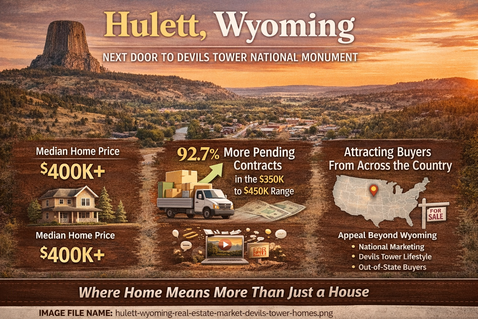 Infographic about Hulett Wyoming real estate showing median home prices in the $400000 range, buyer interest in the $350000 to $449999 price ranges, and the influence of Devils Tower National Monument attracting out of state buyers.