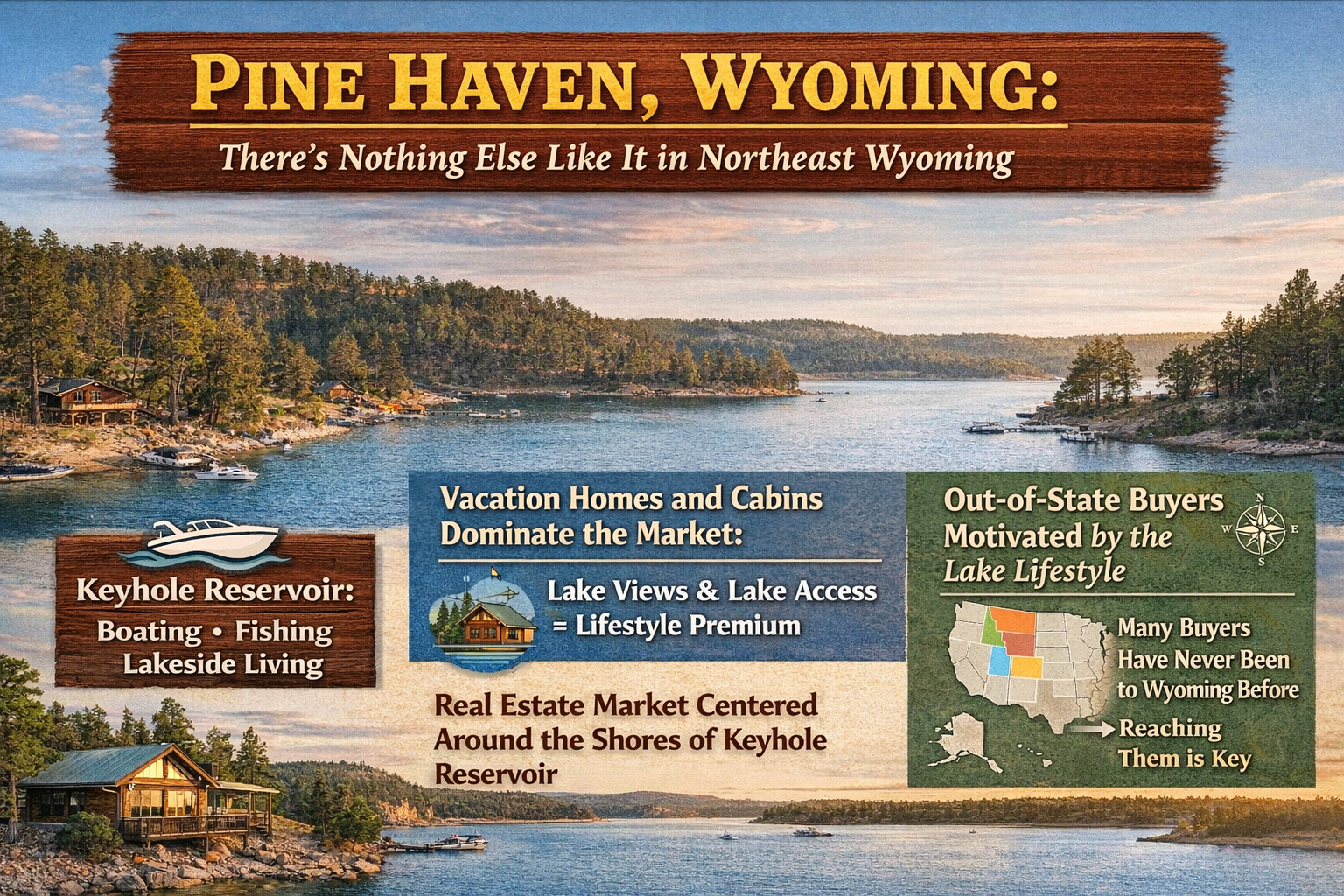 Infographic about Pine Haven Wyoming real estate highlighting Keyhole Reservoir lake homes, vacation cabins, lake lifestyle living, and buyer demand for waterfront properties in Northeast Wyoming.