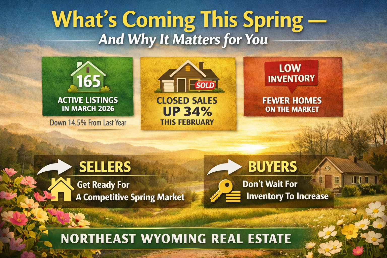 Infographic explaining the Northeast Wyoming housing market outlook for spring 2026 showing 165 active listings, a 14.5 percent drop in inventory, and a 34 percent increase in home sales compared to February 2025.