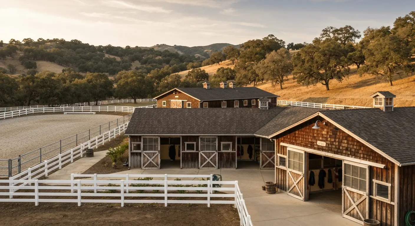 Equestrian facility with barn and riding arena in Woodside