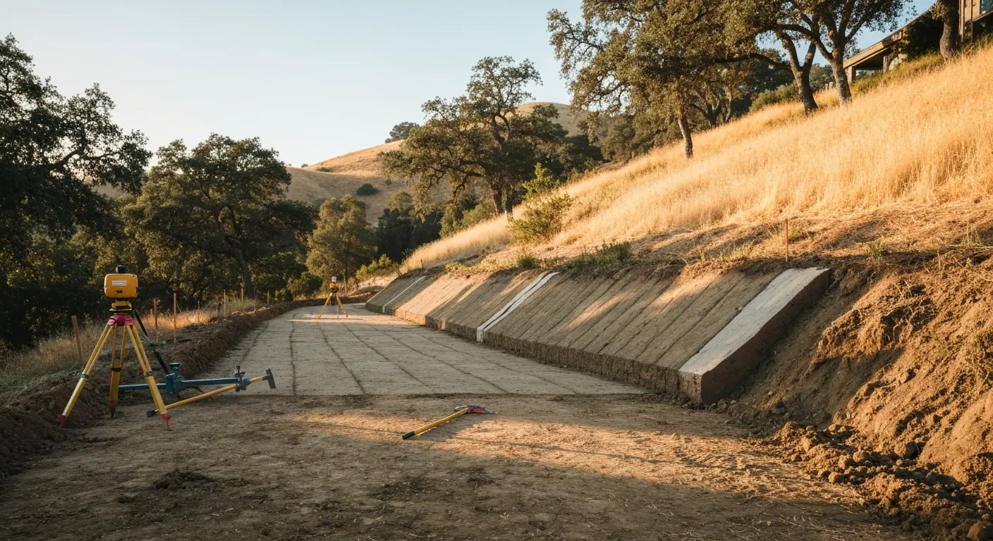 Grading and site development on hillside in Woodside