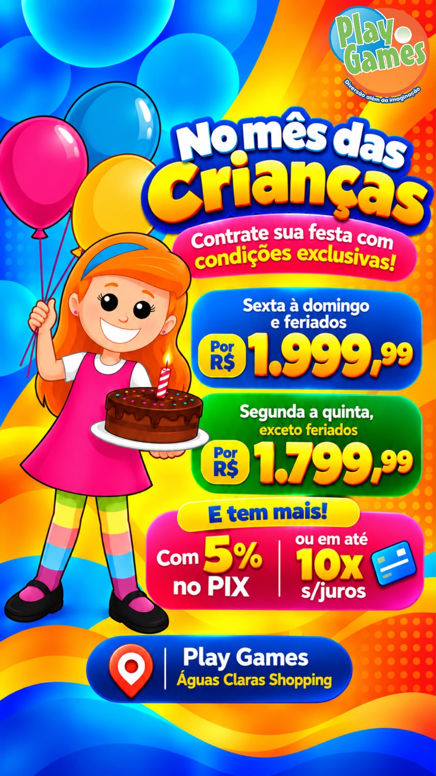 Mês das Crianças: festas de aniversário na Play Games Águas Claras